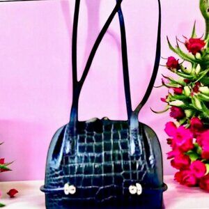 Bally Vintage Italy Croc Embossed Leather Shoulder Handbag Zipper